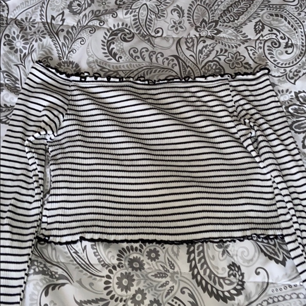 off the shoulder black and white striped shirt